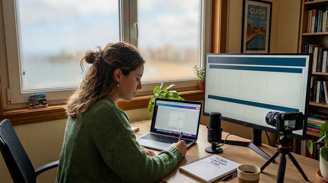 Content creator working at her desk with a microphone and camera