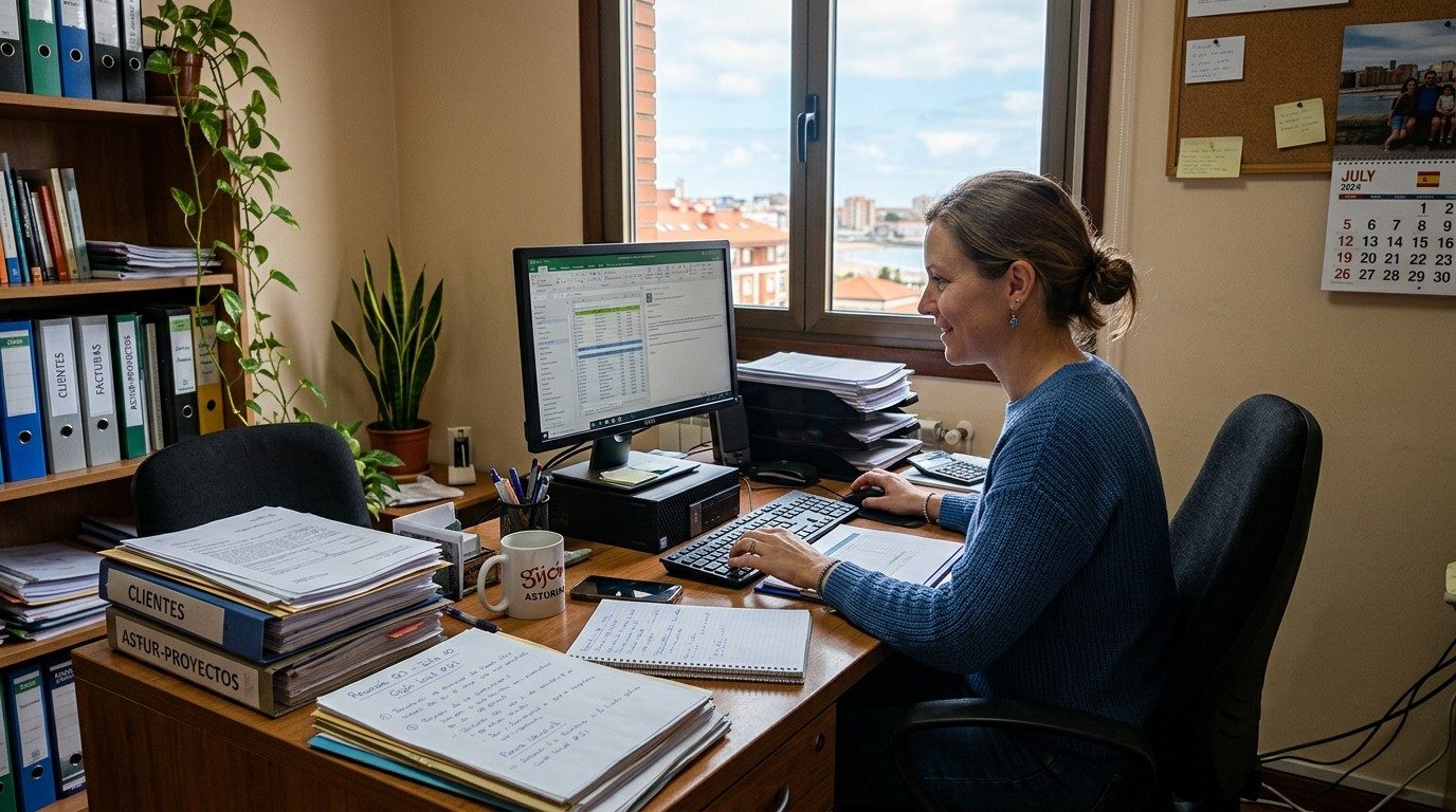 Administrativa rodeada de carpetas y papeles trabajando con una hoja de cálculo